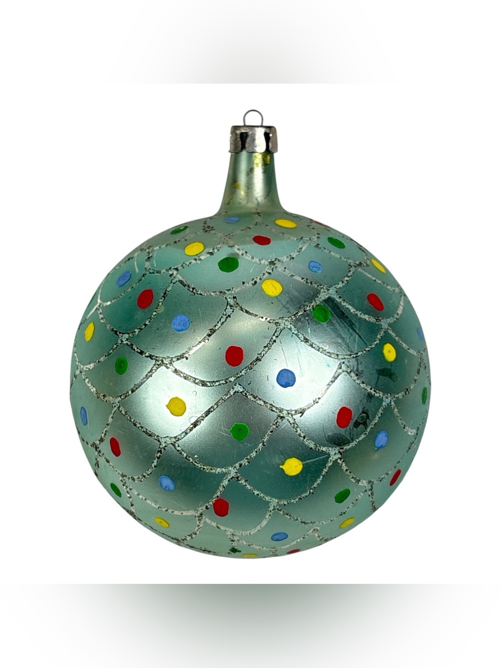 Vtg 4" Polka Dot Scallop Fish Scale Jumbo Mint Glass Christmas Ornament Poland